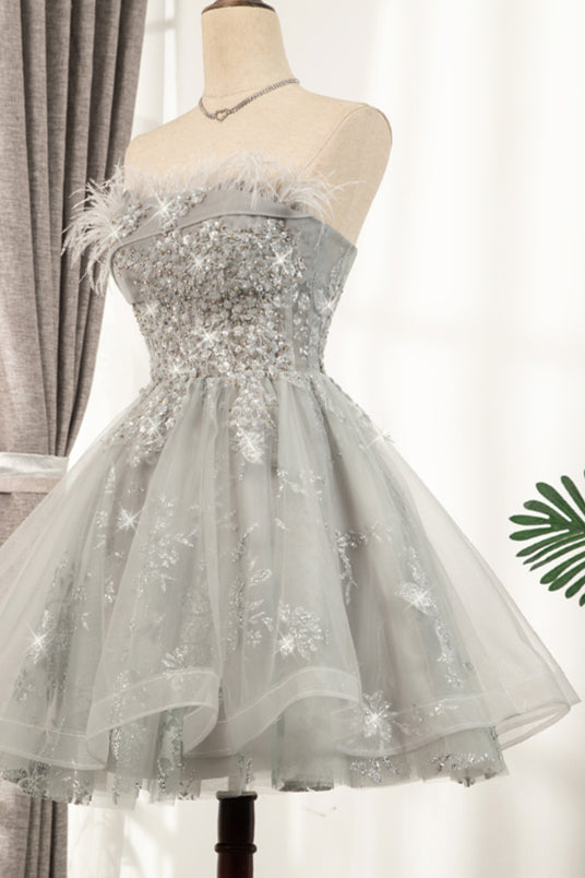 Glitter Feather Strapless Beaded A-Line Short Party Dress