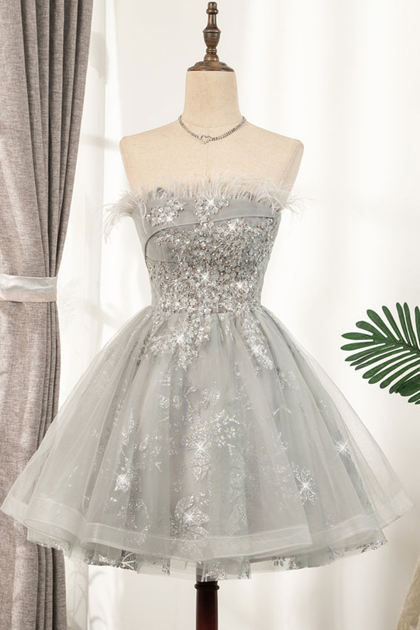 Glitter Feather Strapless Beaded A-Line Short Party Dress