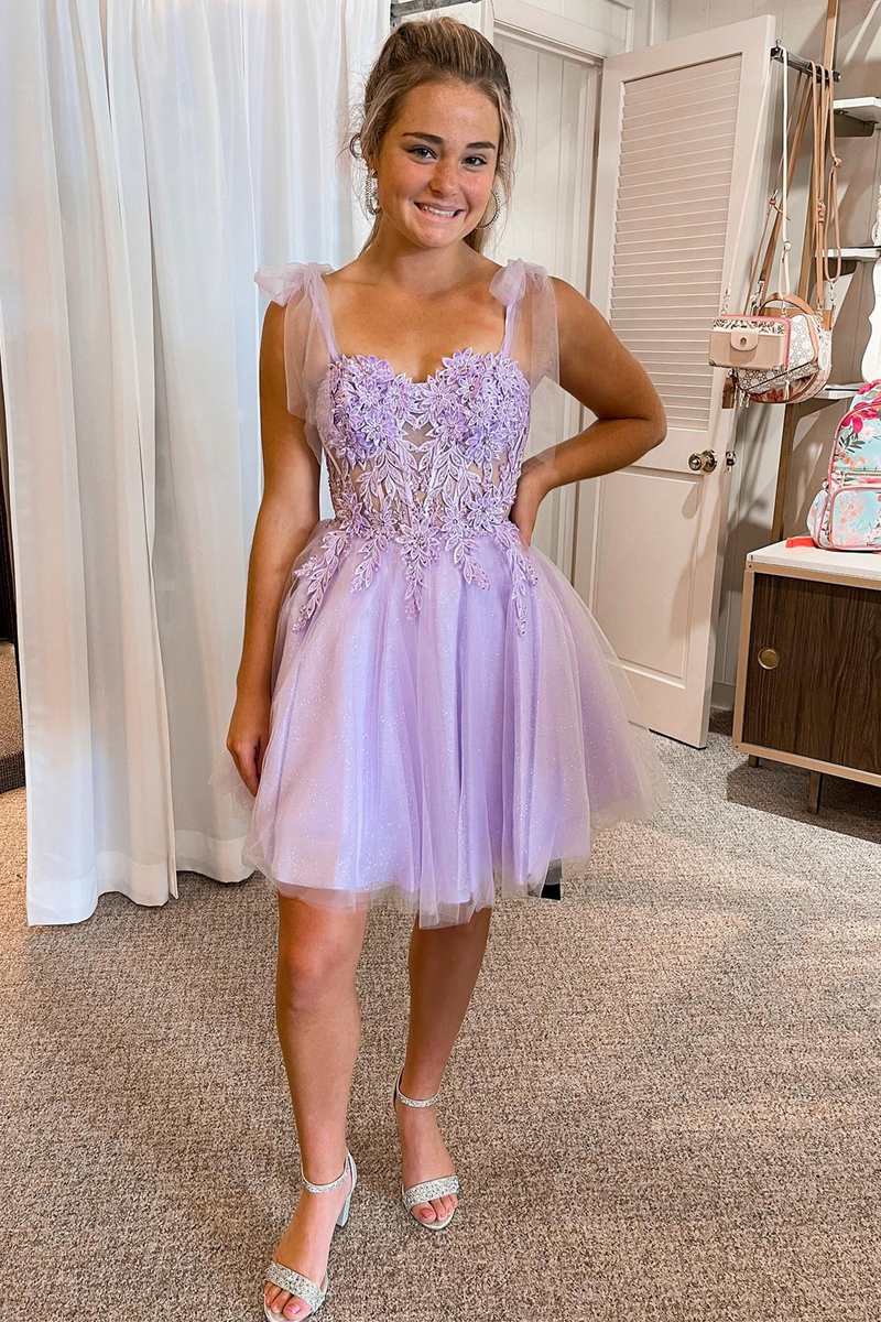 Lilac Floral Lace Tie-Strap A-Line Short Party Dress