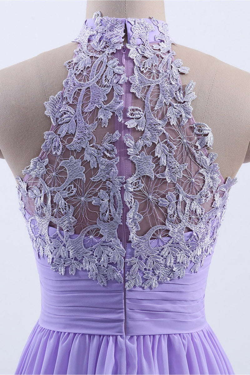 High Neck Lavender Chiffon Empire A-line Long Bridesmaid Dress