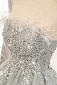 Glitter Feather Strapless Beaded A-Line Short Party Dress