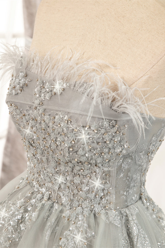 Glitter Feather Strapless Beaded A-Line Short Party Dress