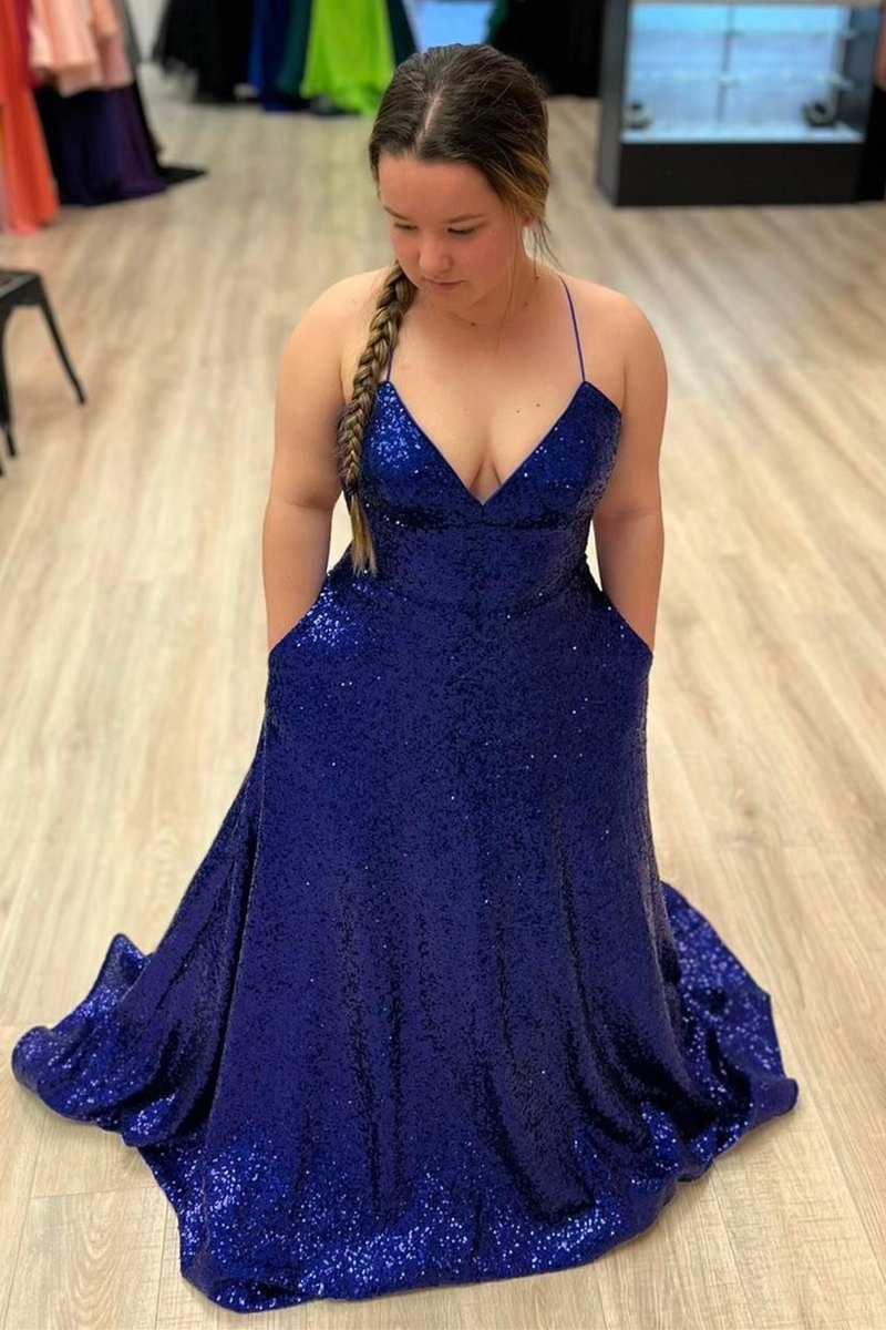 Indigo Sequin V-Neck Lace-Up A-Line Prom Dress