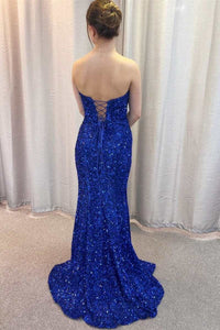 Blue Sequin Sweetheart Lace-Up Mermaid Long Formal Dress