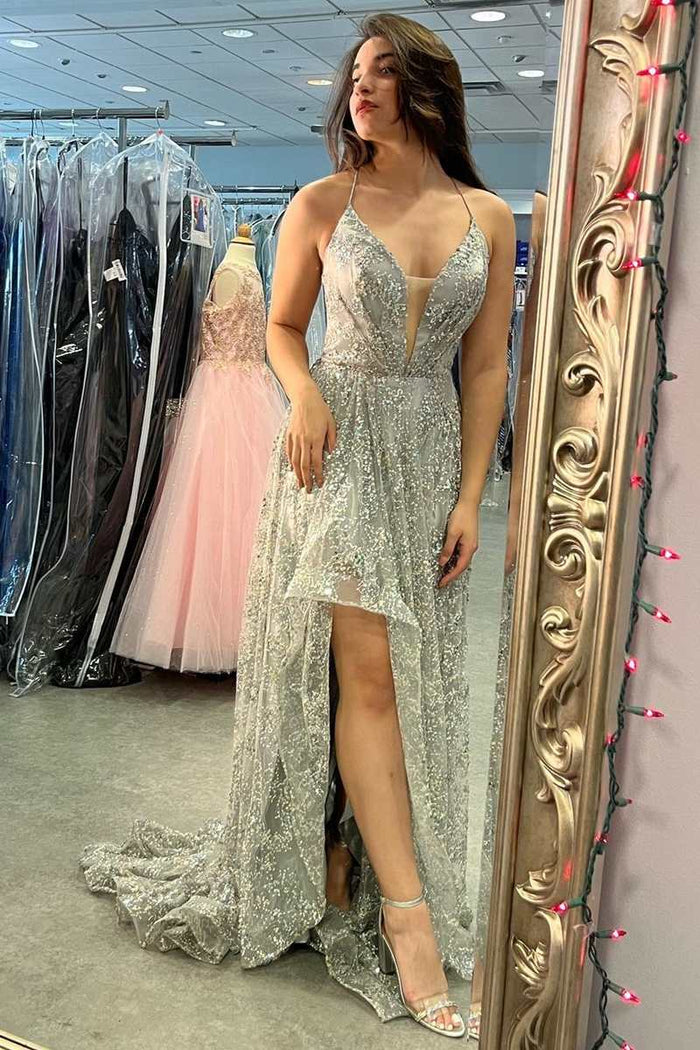 Champagne Lace Plunge V Long Formal Dress with Slit