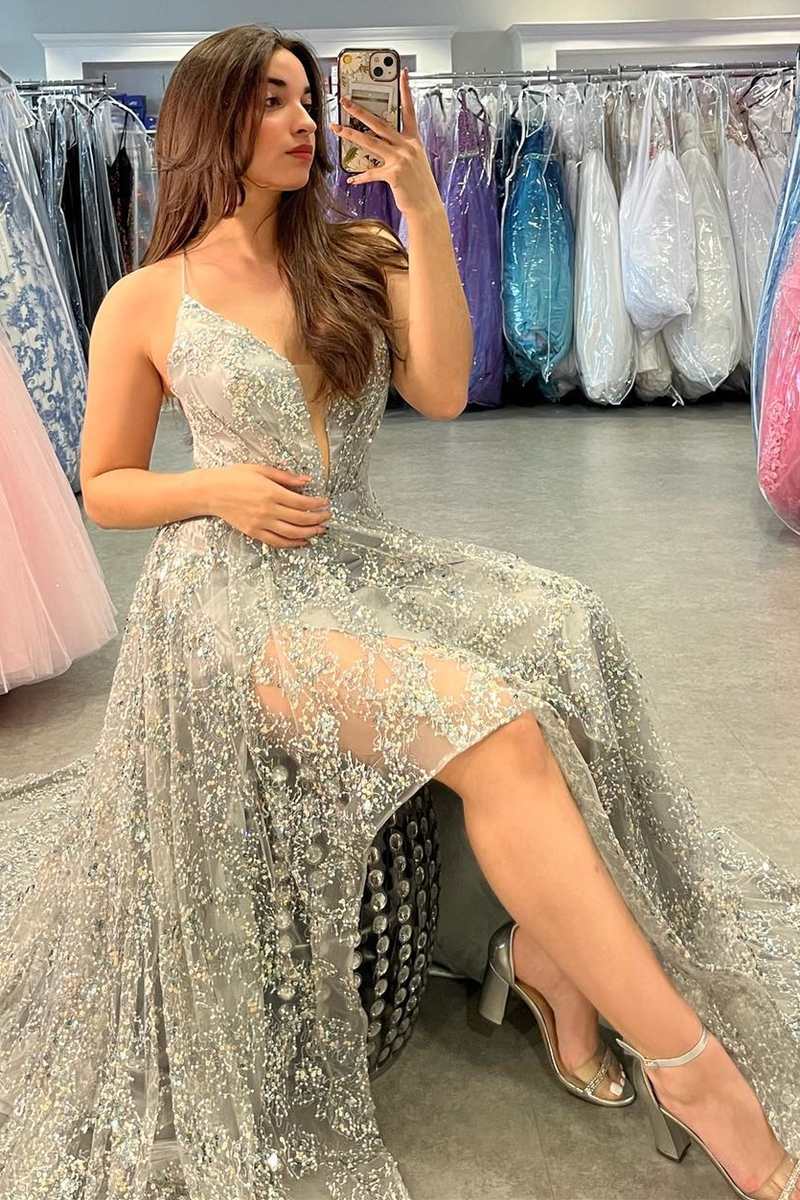 Champagne Lace Plunge V Long Formal Dress with Slit