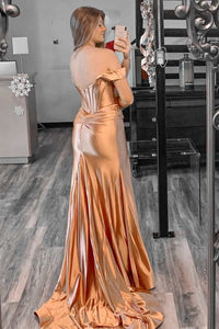 Magenta Satin Off-the-Shoulder Mermaid Long Formal Dress with Slit