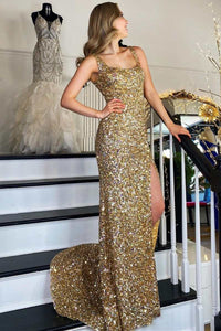 Gold Sequin Square Neck Backless Mermaid Long Formal Dress with Slit
