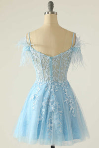 Light Blue Appliques Cold-Shoulder A-Line Short Homecoming Dress