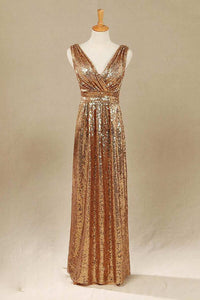 Gold Sequin V-Neck Long Bridesmaid Dress
