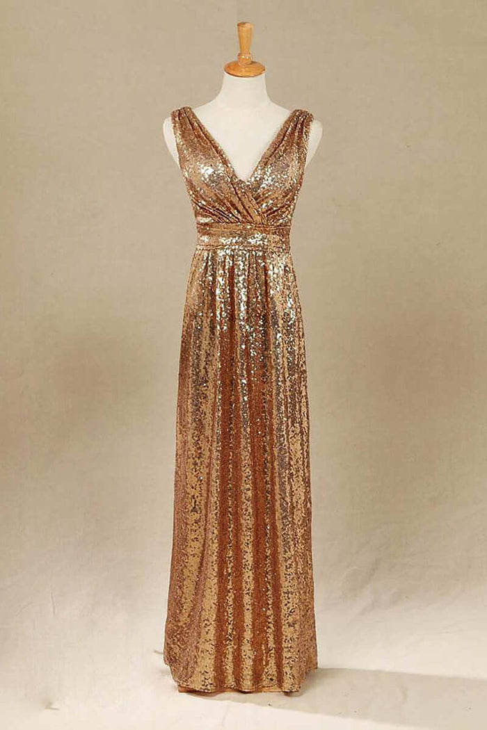 Gold Sequin V-Neck Long Bridesmaid Dress