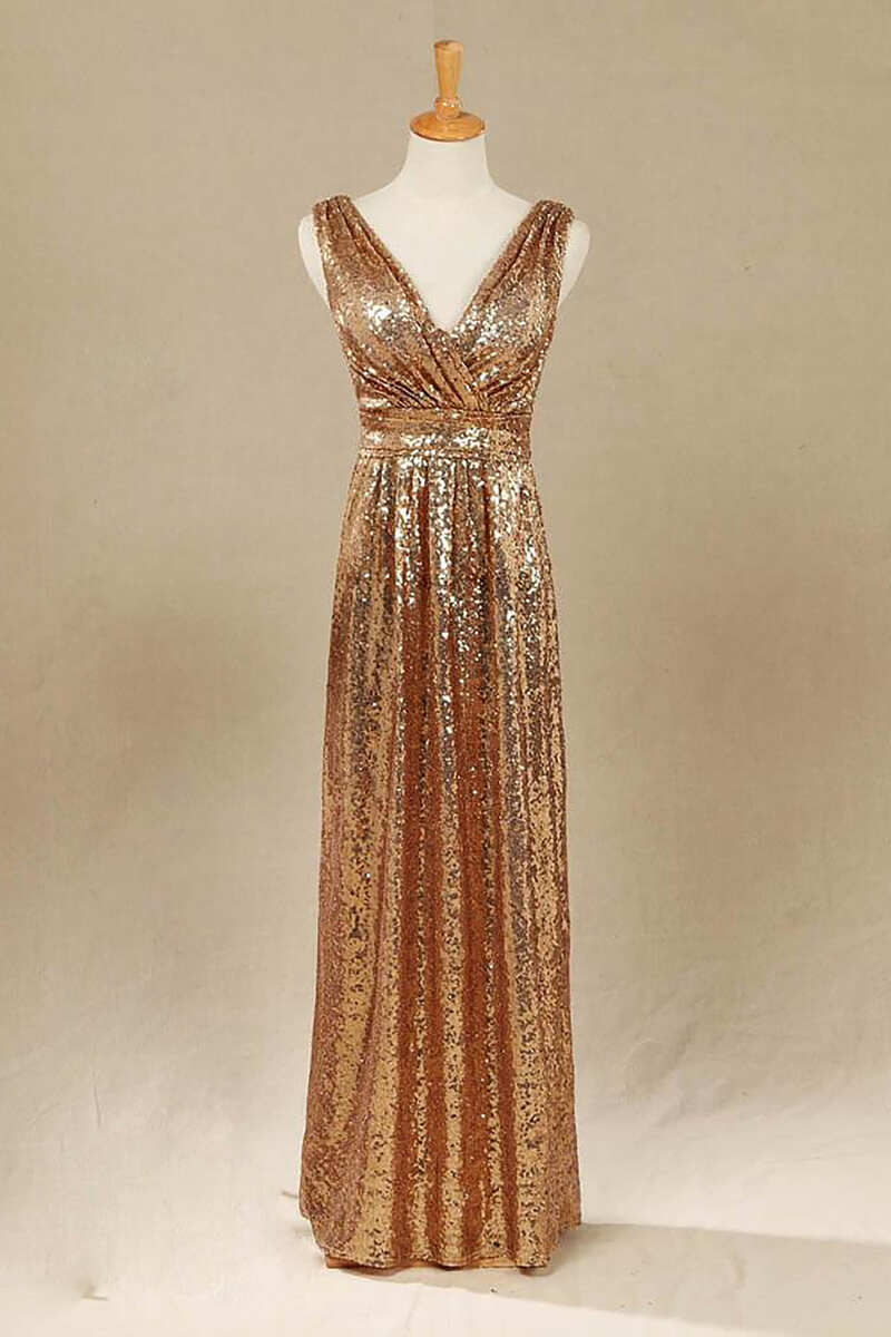 Gold Sequin V-Neck Long Bridesmaid Dress