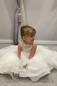 White Illuison Neck Sleeveless Multi-Layers Long Flower Girl Dress with Buttons