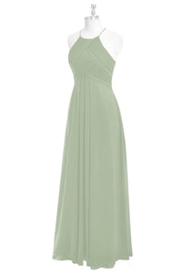 Sage Green Chiffon Halter Backless Long Bridesmaid Dress