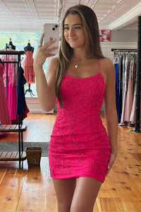 Tie Back Appliqued Sheath Red Homecoming Dress