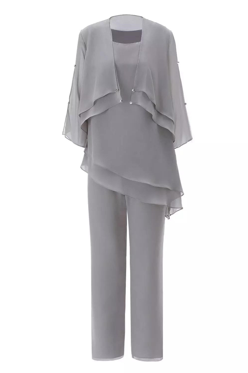 Grey Ruffles Round Neck Mother of the Bride Pant Suits