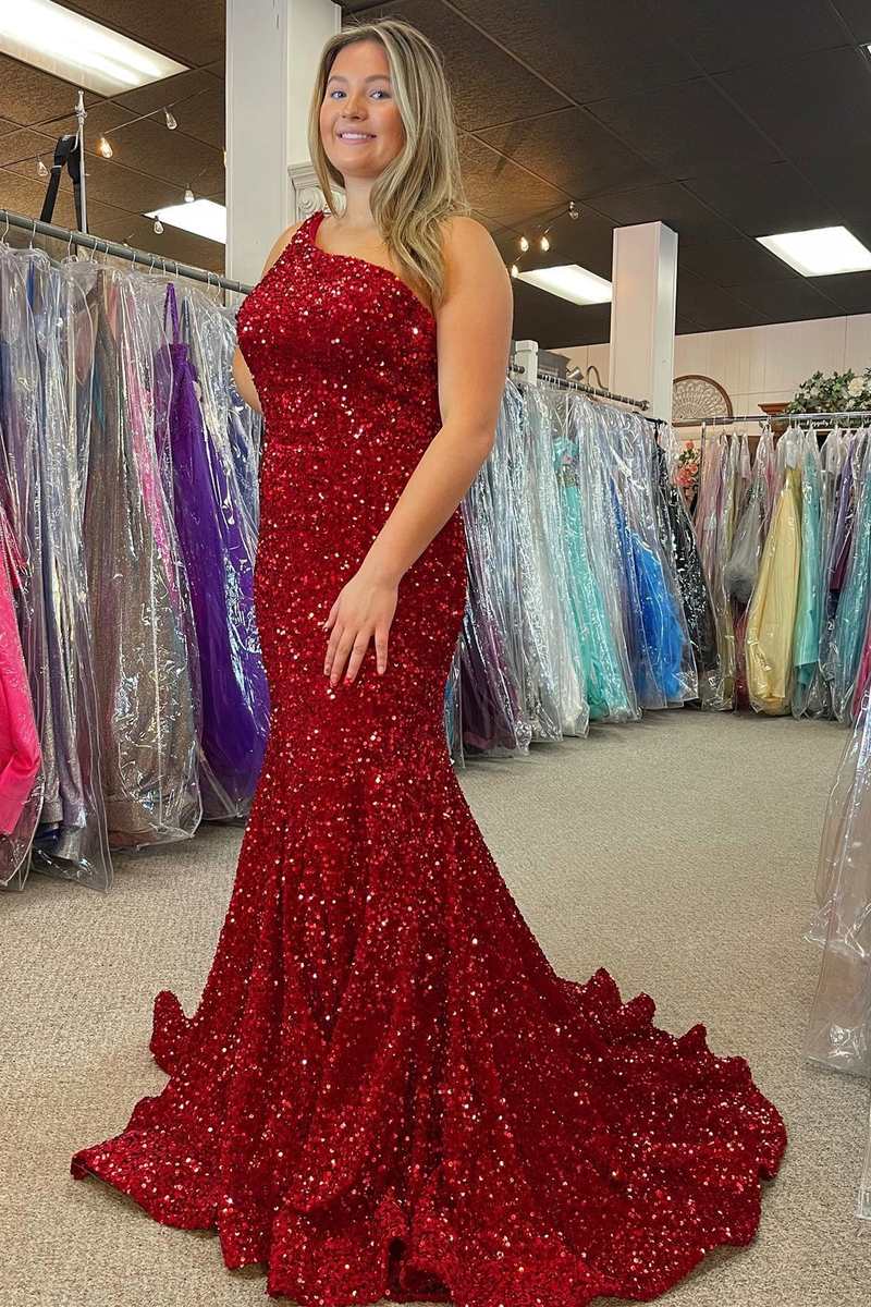 One-Shoulder Red Sequin Backless Mermaid Long Prom Dress
