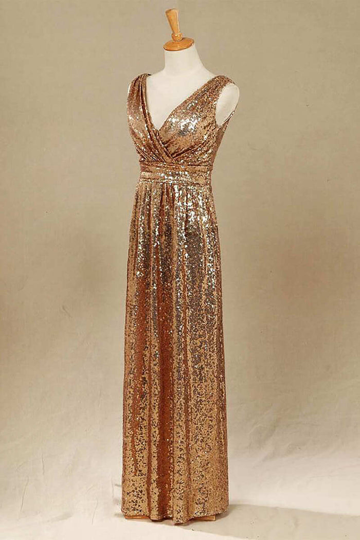 Gold Sequin V-Neck Long Bridesmaid Dress