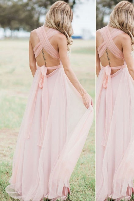 Blush Pink V-Neck Lace-Up A-Line Bridesmaid Dress