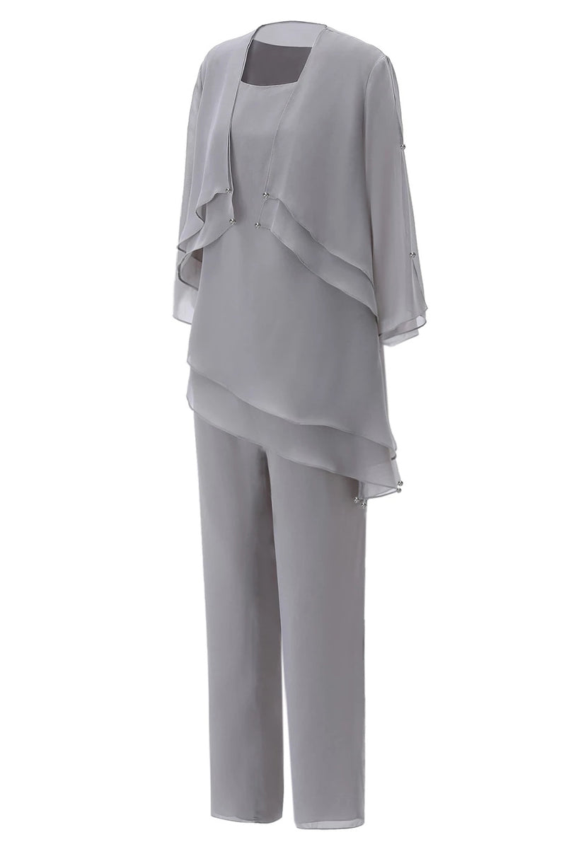 Grey Ruffles Round Neck Mother of the Bride Pant Suits