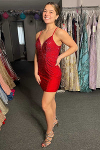 Black Beaded V-Neck Backless Fitted Homecoming Dress