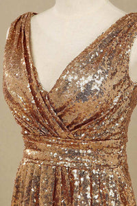 Gold Sequin V-Neck Long Bridesmaid Dress