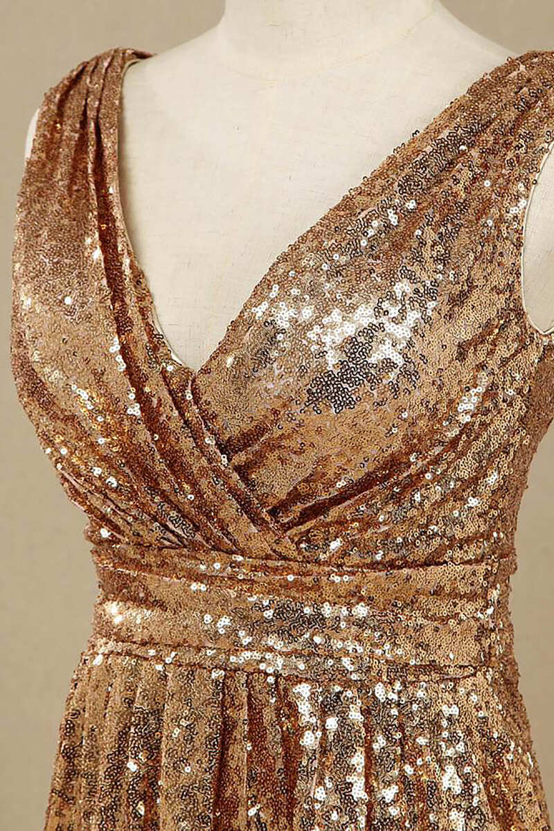 Gold Sequin V-Neck Long Bridesmaid Dress