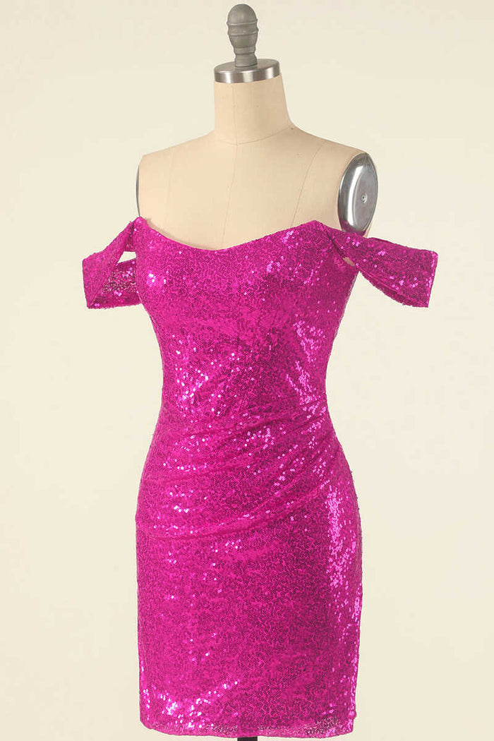 Neon Pink Sequins Off-the-Shoulder Mini Homecoming Dress