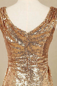 Gold Sequin V-Neck Long Bridesmaid Dress