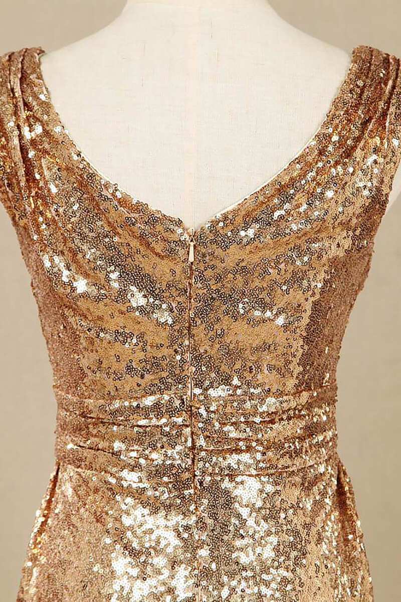 Gold Sequin V-Neck Long Bridesmaid Dress