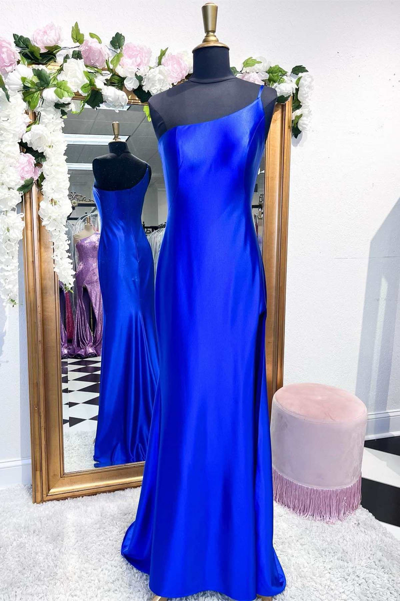 One-Shoulder Royal Blue Mermaid Long Dress with Slit