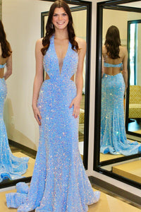 White Iridescent Sequin Halter Cutout Mermaid Long Prom Gown