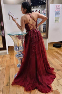Wine Red Lace Plunge V Lace-Up A-Line Prom Dress