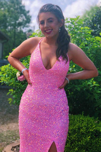 Pink Iridescent Sequin V-Neck Mermaid Long Prom Dress with Slit