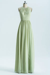 Sage Green Chiffon High Neck Long Bridesmaid Dress