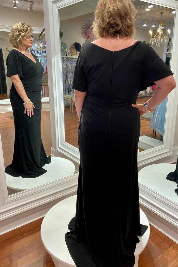 Black Chiffon V-Neck Ruffled Long Mother of the Bride Dress