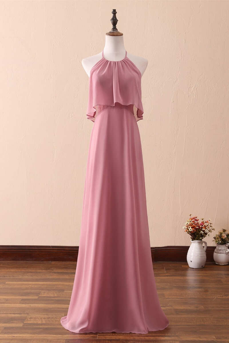 Ruffles Halter A-Line Long Bridesmaid Dress