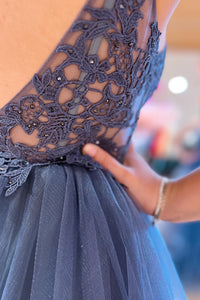 Blue Deep V Neck Beaded Appliques Multi-Layers Long Prom Dress