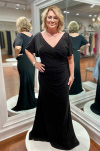 Black Chiffon V-Neck Ruffled Long Mother of the Bride Dress