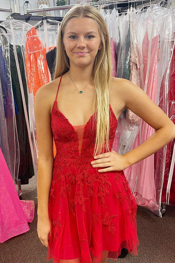 Red Appliques V-Neck Lace-Up A-Line Homecoming Dress
