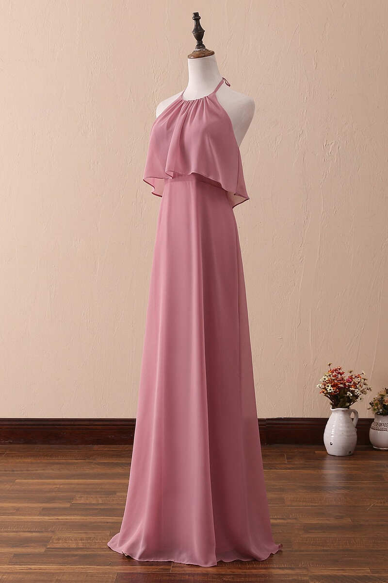 Ruffles Halter A-Line Long Bridesmaid Dress