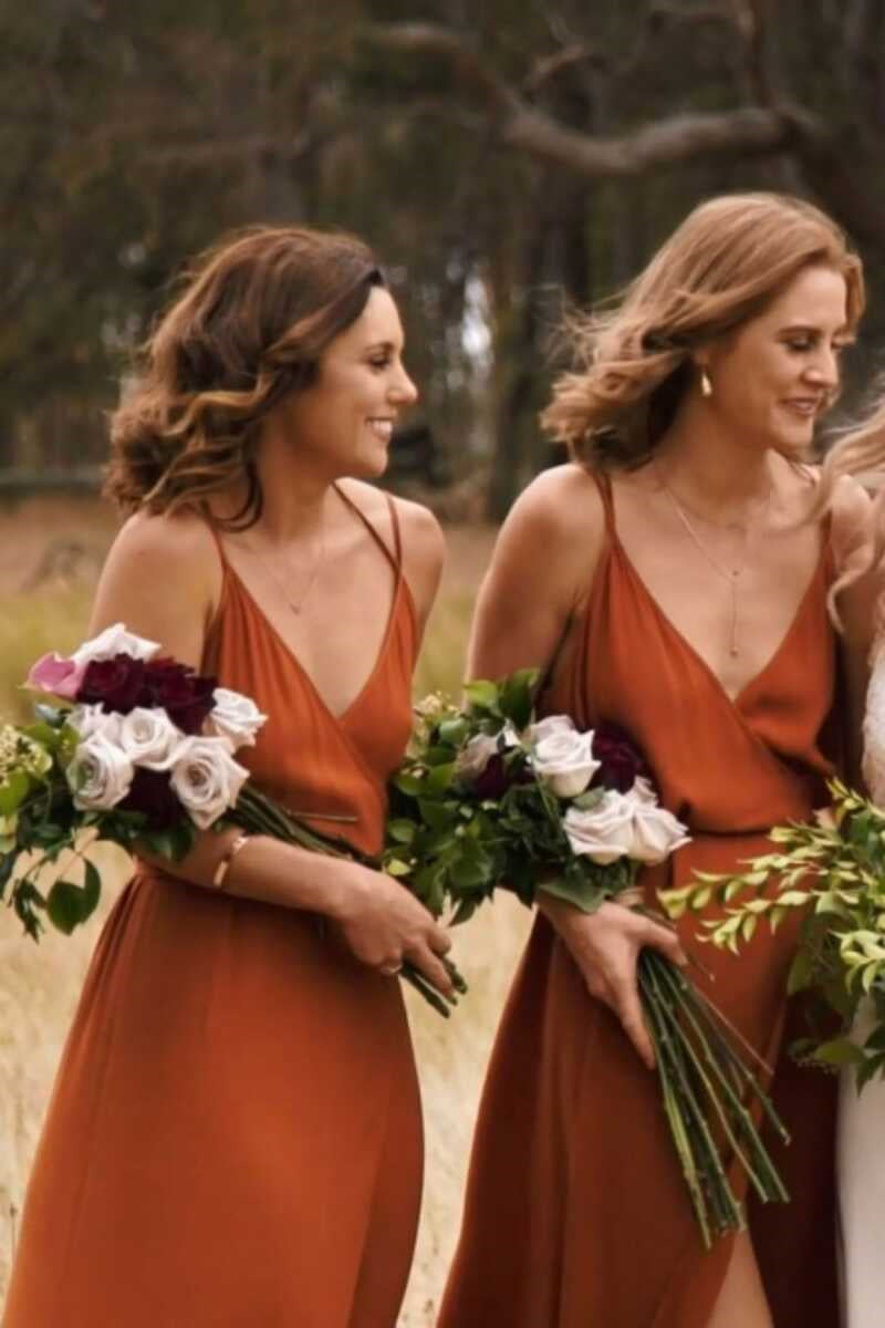 Burnt Orange Spaghetti Straps Long Bridesmaid Dress with Slit