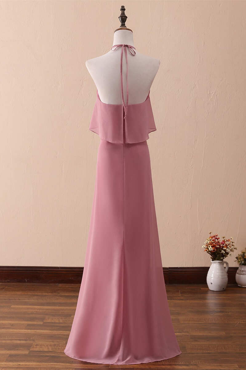 Ruffles Halter A-Line Long Bridesmaid Dress