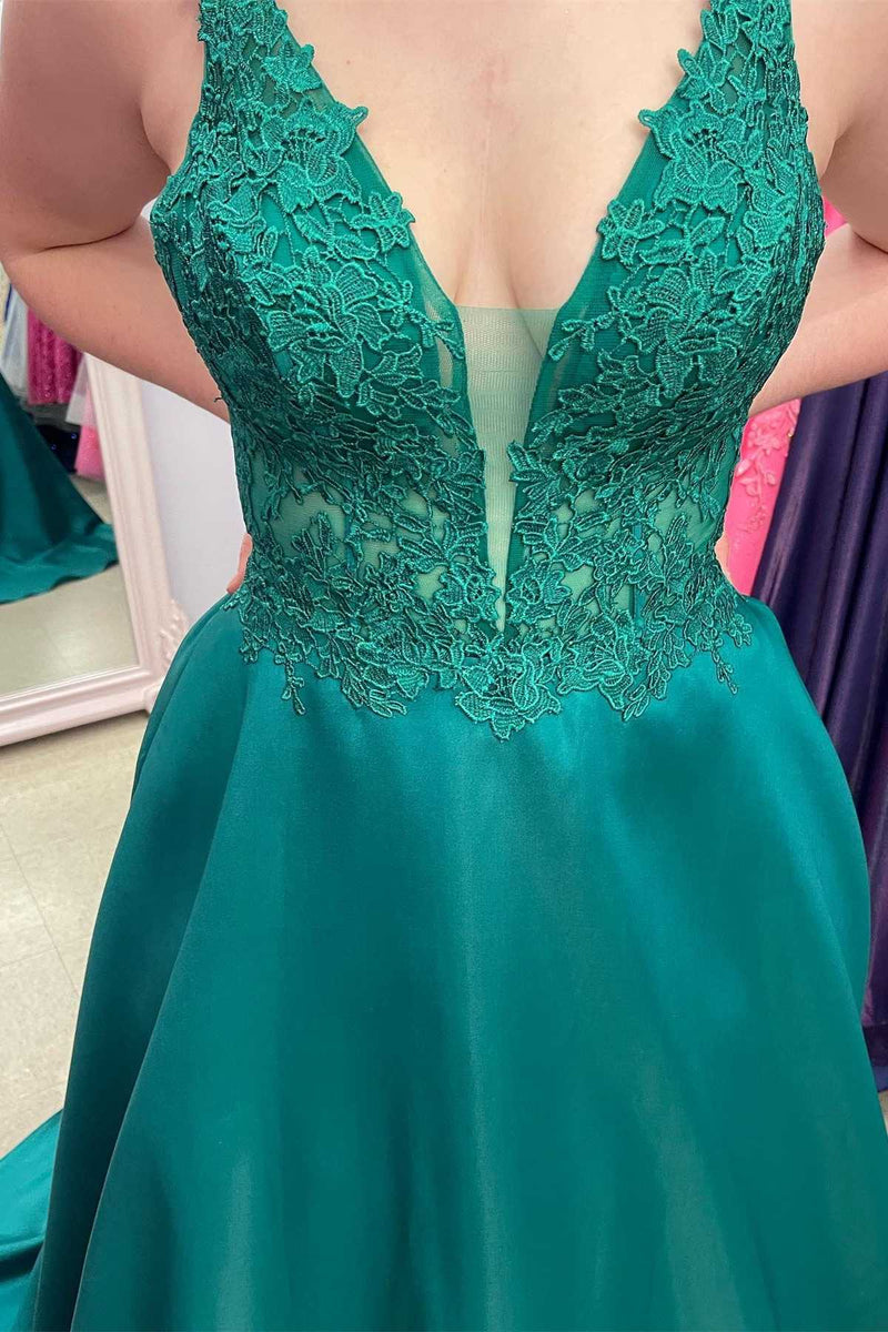 Green Lace V-Neck A-Line Long Prom Dress with Pockets