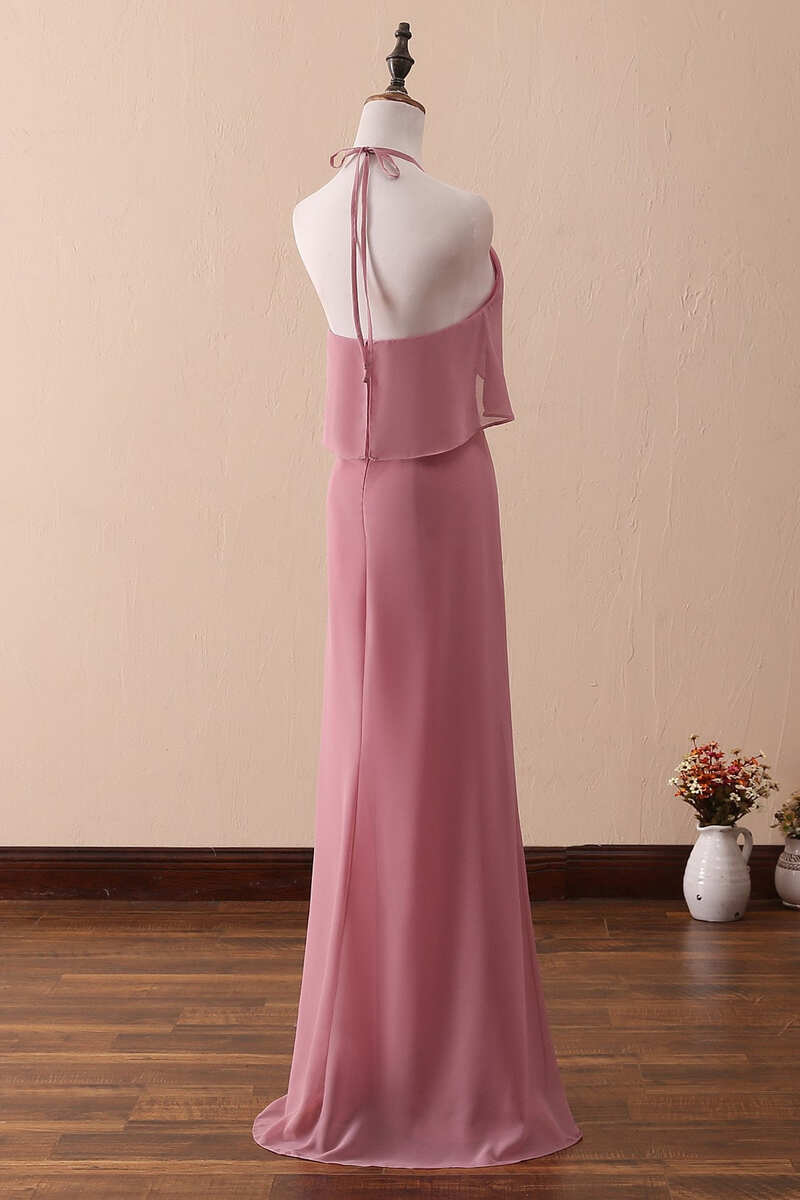 Ruffles Halter A-Line Long Bridesmaid Dress