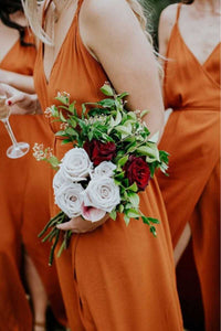 Burnt Orange Spaghetti Straps Long Bridesmaid Dress with Slit