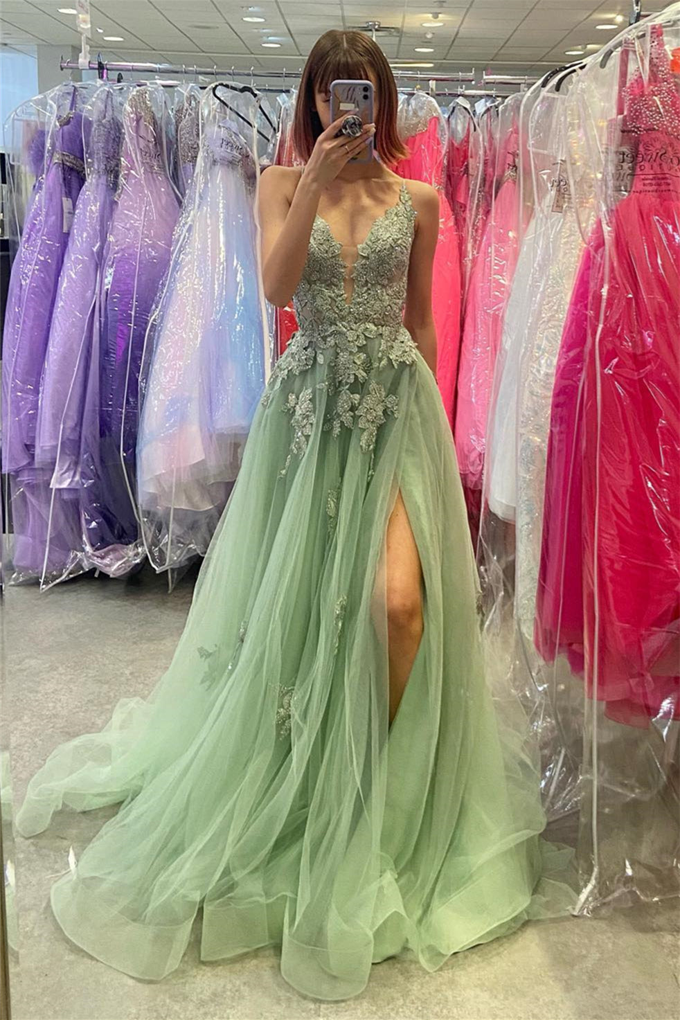 Long Sage Green Tulle Dress Dusty Sage A-line V Neck Appliques Tulle Long  Prom Dress With Slit  Dreamdressy