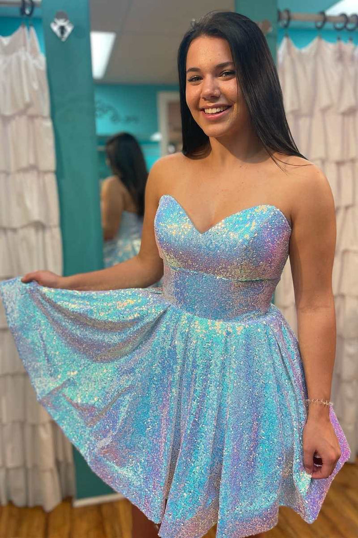 Blue Iridescent Sequin Strapless A-Line Short Party Dress