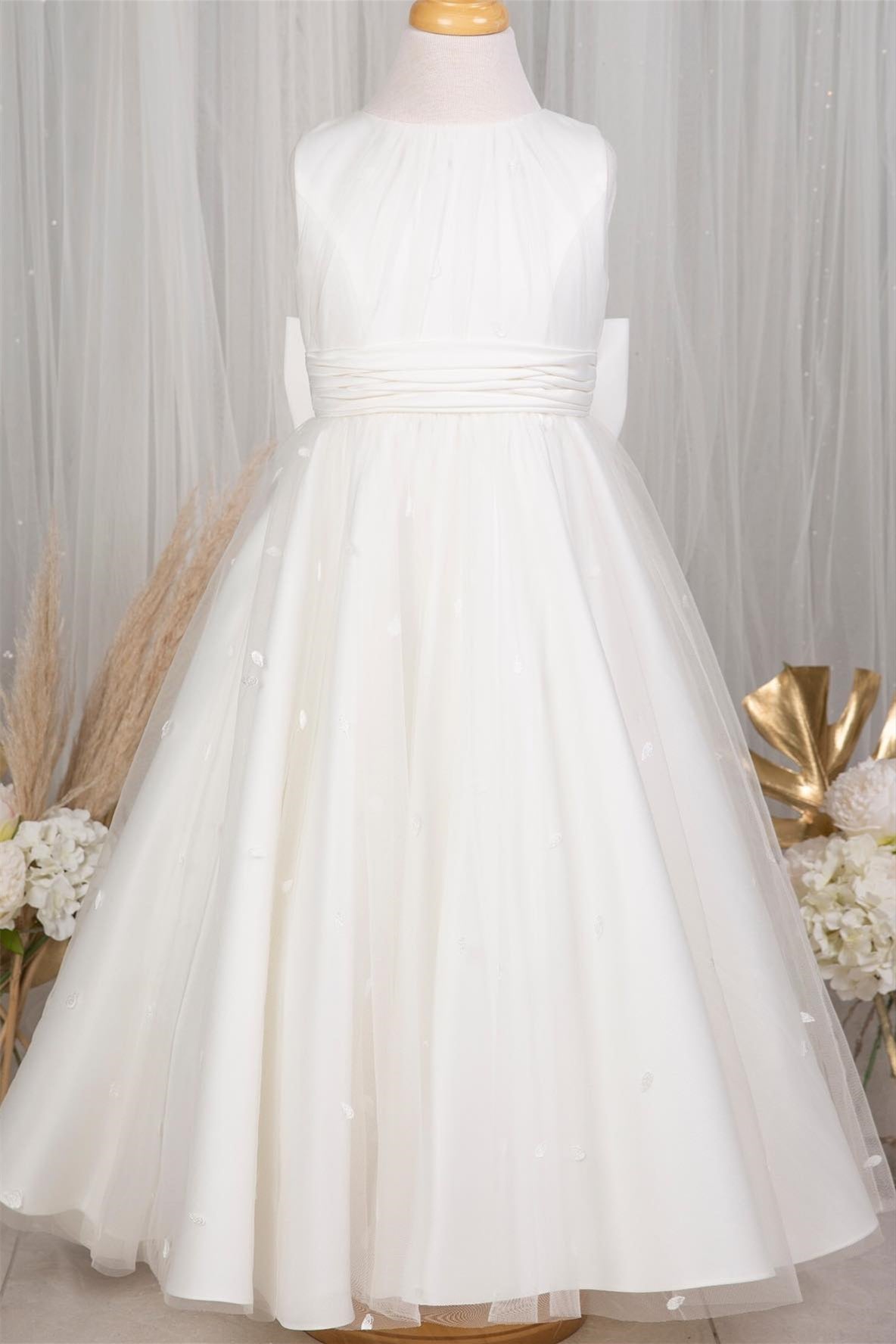 White Sleeveless Embroideries Long Flower Girl Dress with Bow Tie back Sash