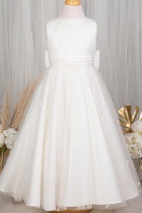 White Sleeveless Embroideries Long Flower Girl Dress with Bow Tie back Sash